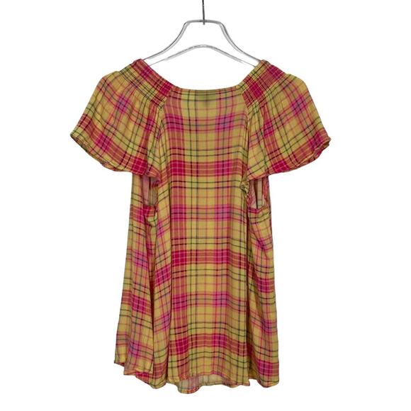 Torrid Smocked Crew Neck Plaid Blouse Pink Yellow Gauze Size 2 - Picture 6 of 10
